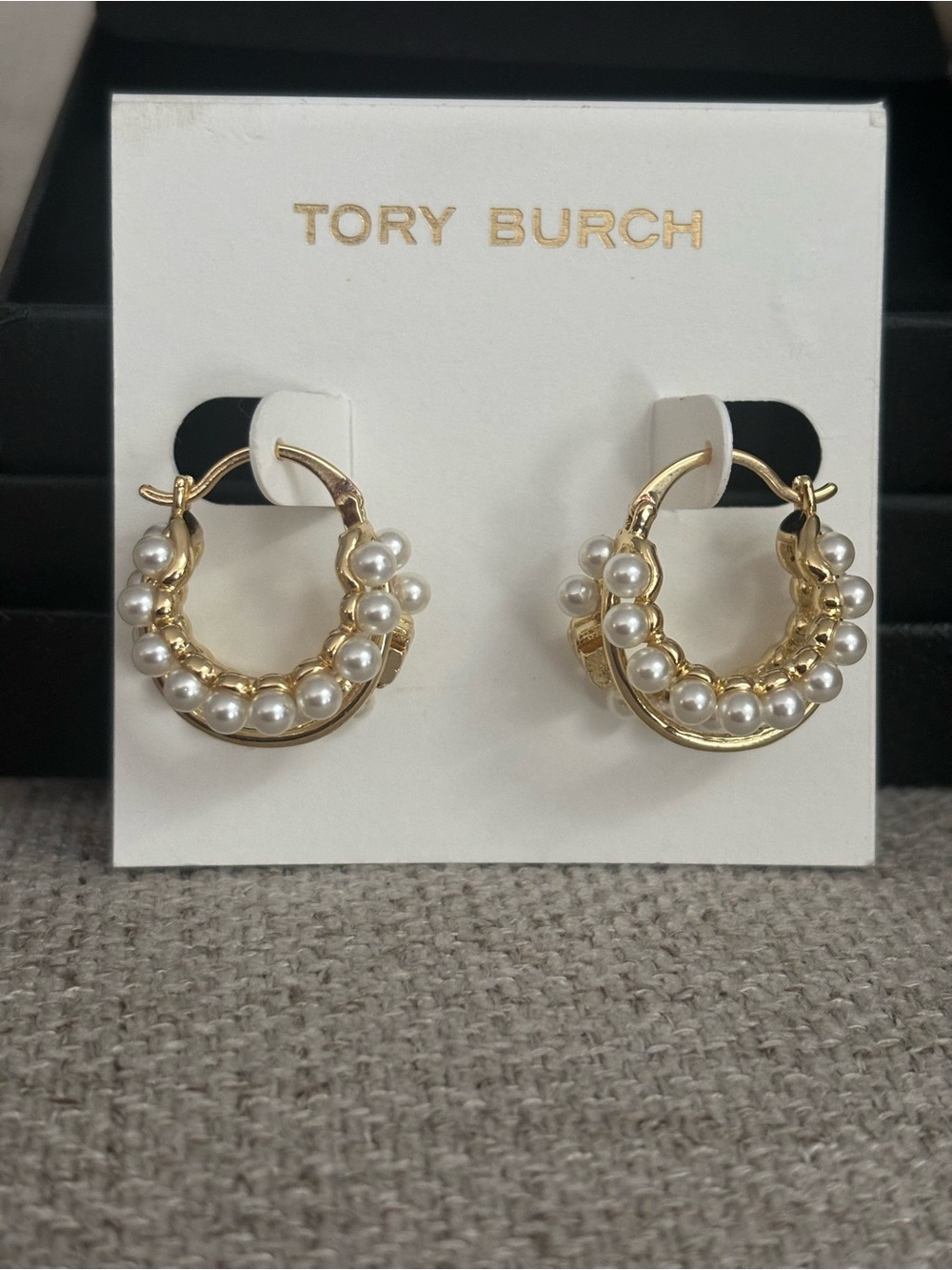 Tory Burch Gold tone three Hoop Earrings with White Pearls